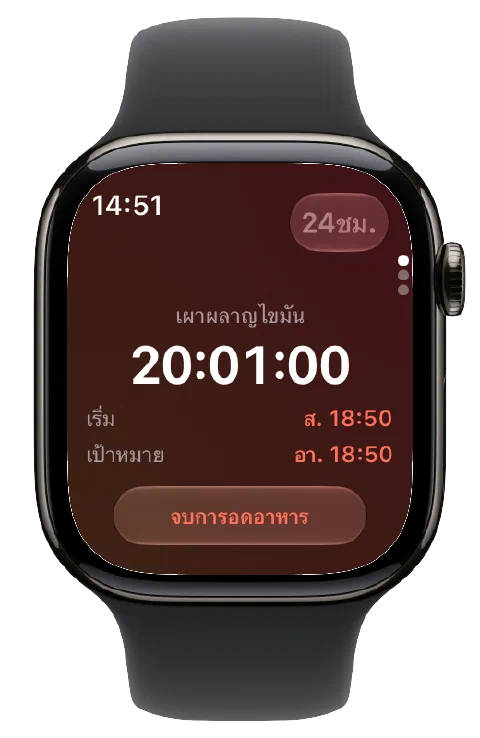 Fasty บน Apple Watch พร้อมตัวจับเวลา เวลาเริ่มและเป้าหมาย และปุ่มจบการอดอาหาร