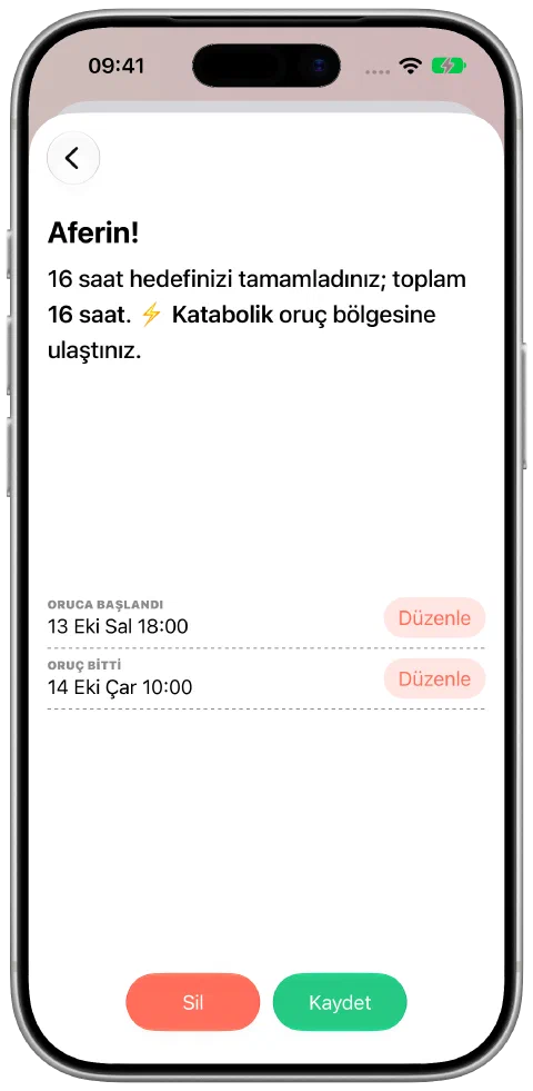 Başlangıç ve bitiş saatleri düzenlenebilen bir oruç kaydı ve Kaydet düğmesi.