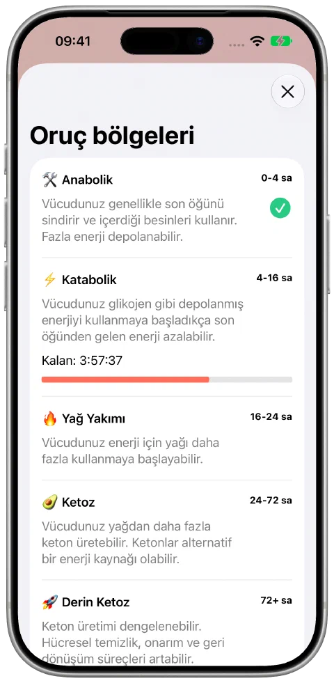 Açıklamalar ve mevcut bölgedeki ilerlemeyle Fasty’nin Oruç Bölgeleri ekranı.