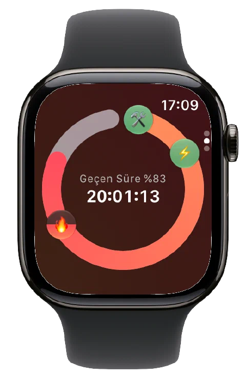 Apple Watch’ta Fasty’nin tahmini oruç bölgesi simgeleri ve etkin zamanlayıcısı.