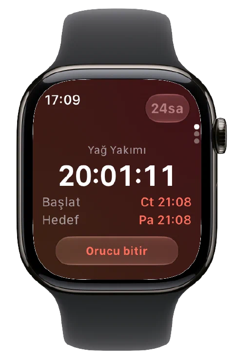 Apple Watch’ta Fasty; etkin zamanlayıcı, başlangıç ve hedef saatleri ve orucu bitirme düğmesiyle.