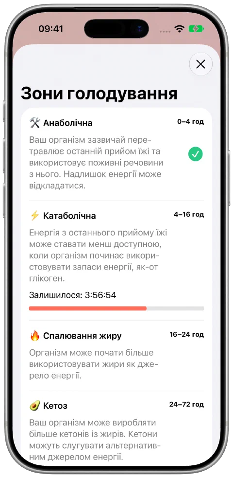 Екран зон голодування Fasty з поясненнями й поступом у поточній зоні.