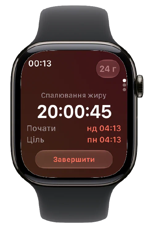 Fasty на Apple Watch із таймером, часом початку й цілі та кнопкою завершення.