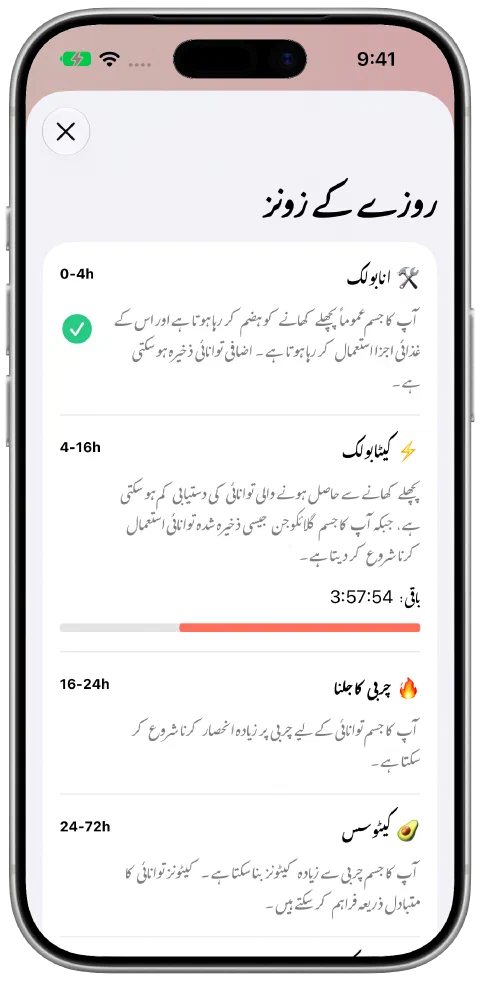 Fasty کا روزے کے زونز والا صفحہ، وضاحتوں اور موجودہ زون کی پیش رفت کے ساتھ۔