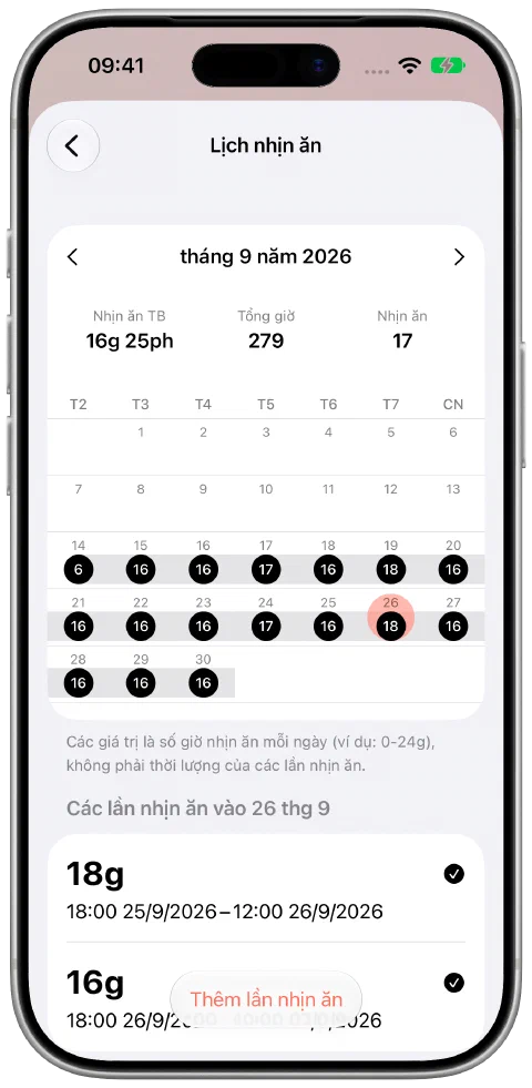 Lịch tháng 9 có dữ liệu của Fasty với ngày được chọn và bản ghi nhịn ăn 18 giờ.