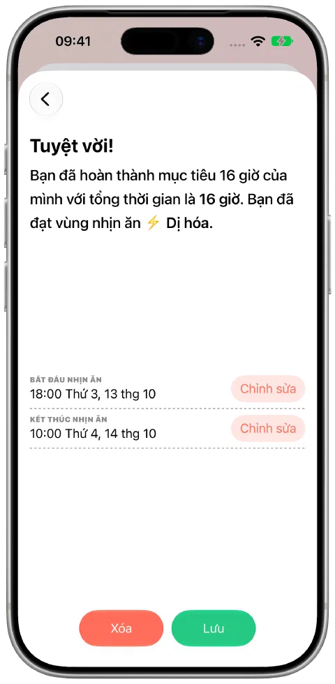 Bản ghi nhịn ăn với giờ bắt đầu và kết thúc có thể sửa cùng nút Lưu.