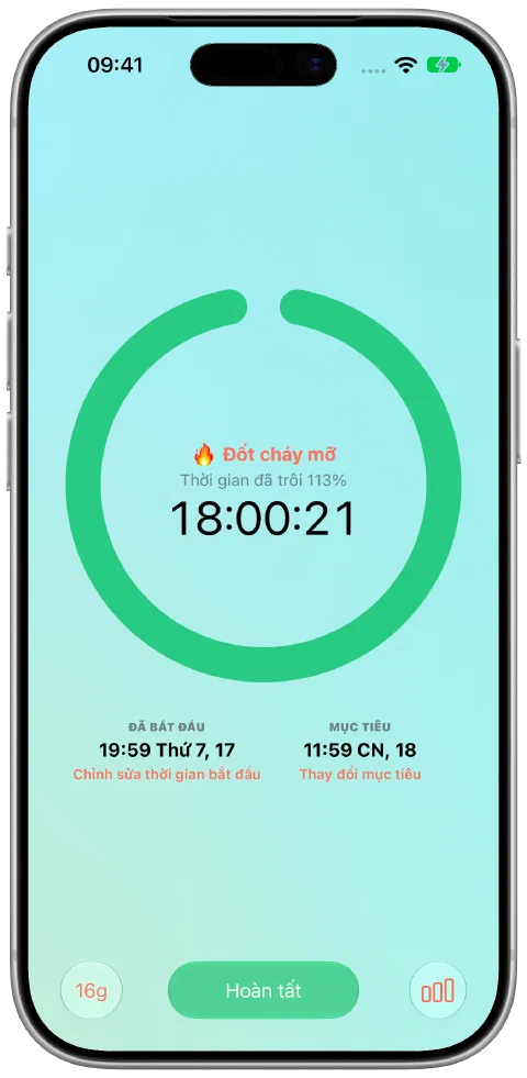 Bộ đếm giờ xanh của Fasty sau khi đạt mục tiêu 16 giờ, lần nhịn ăn vẫn tiếp tục.