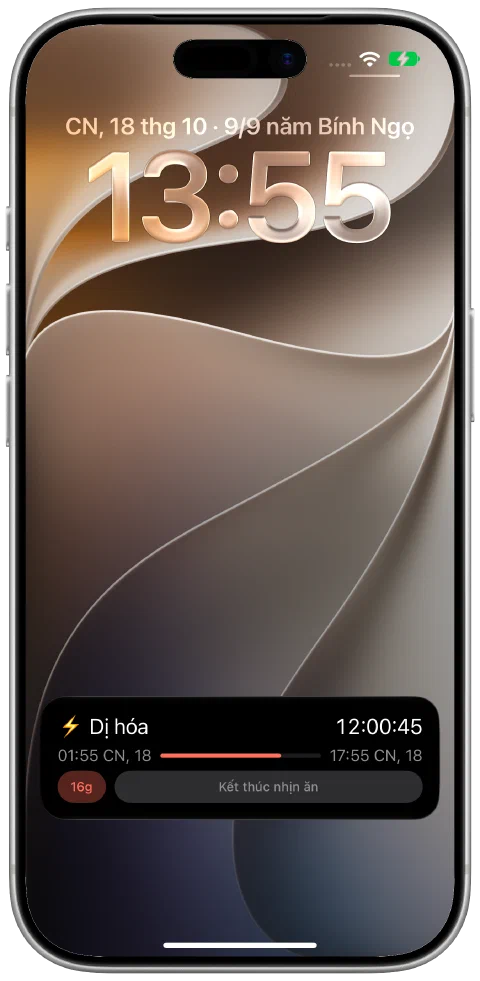 Hoạt động trực tiếp Fasty trên Màn hình khóa iPhone với bộ đếm giờ, tiến độ mục tiêu và nút kết thúc nhịn ăn.