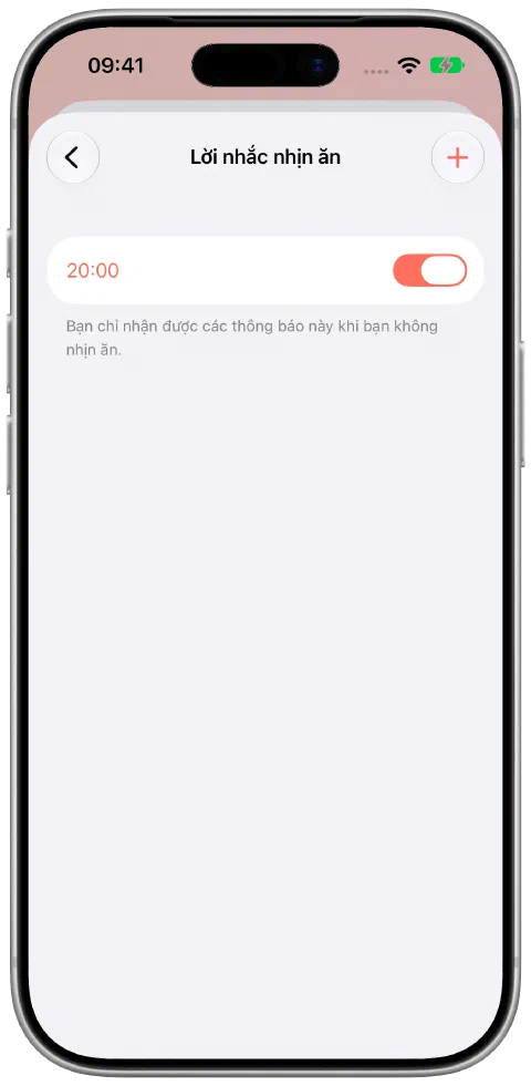 Cài đặt nhắc nhịn ăn của Fasty, bật lời nhắc 20:00 hằng ngày và giải thích chỉ thông báo khi bạn không nhịn ăn.