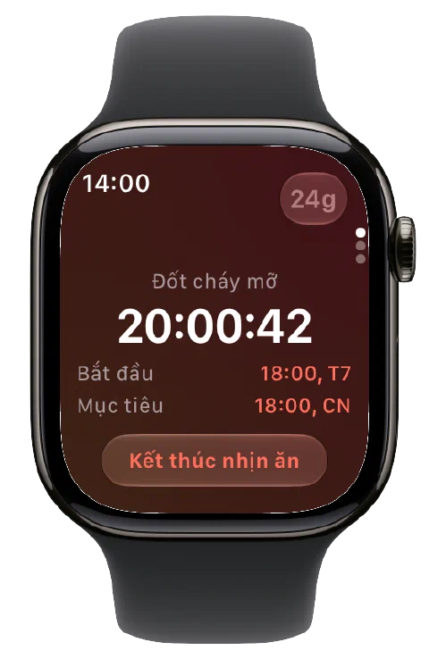 Fasty trên Apple Watch với bộ đếm giờ, giờ bắt đầu và mục tiêu cùng nút kết thúc nhịn ăn.