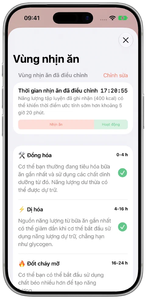 Bảng thời gian nhịn ăn điều chỉnh của Fasty, hiển thị phần nhịn ăn và tập luyện cạnh nhau cùng tiến độ vùng hiện tại.