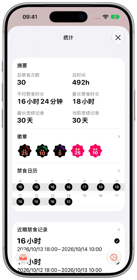 Fasty 统计摘要,显示禁食总时长、次数、当前与最长连续记录及已获得的徽章。