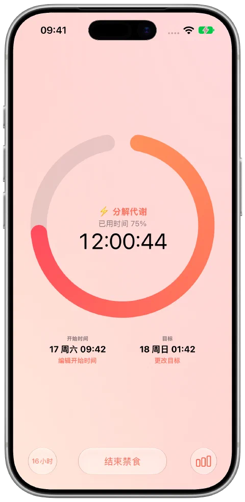 Fasty 正在运行的禁食计时器,显示已用时间、目标进度、开始时间和目标控件。