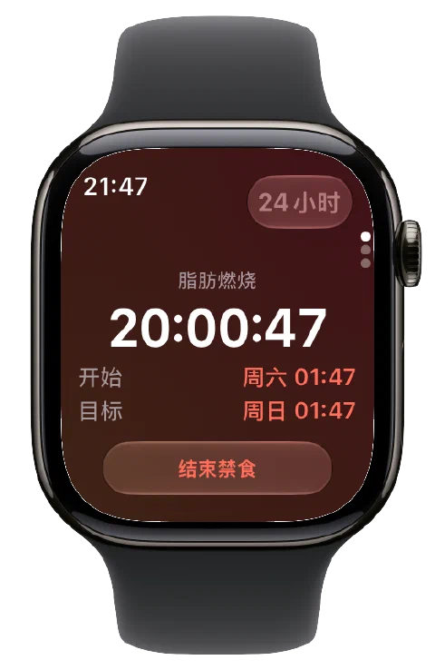 Apple Watch 上的 Fasty,显示运行中的计时器、开始和目标时间,以及结束禁食按钮。