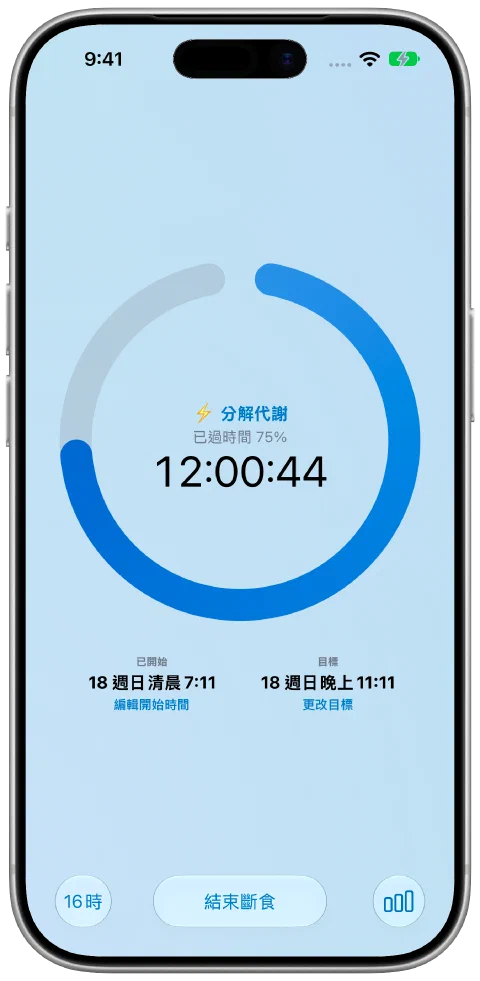 Fasty 正在執行的禁食計時器,使用預設 Ocean 主題,進度環和背景為藍色。