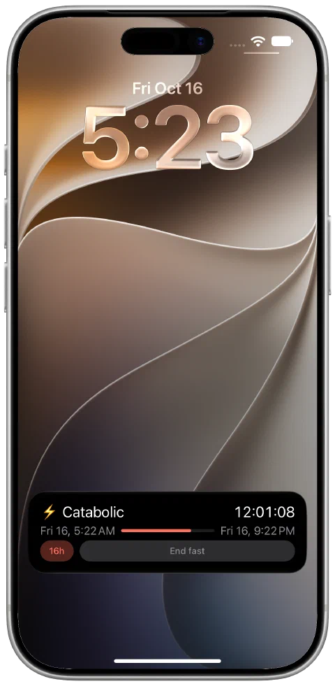 Fasty Live Activity on the iPhone Lock Screen with the active fasting timer, goal progress and End Fast control.