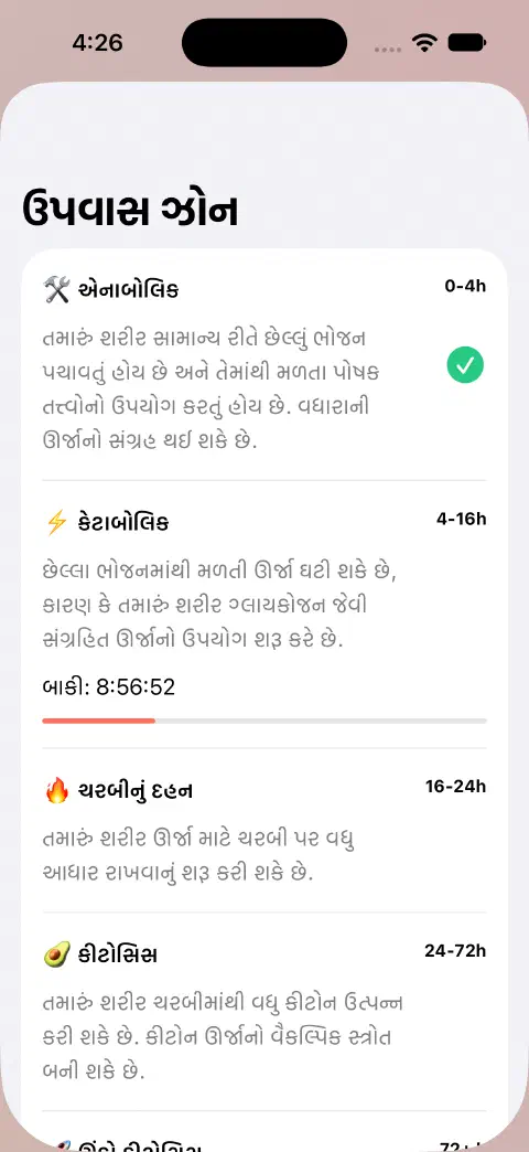 ઉપવાસ ઝોનની શીટમાં ઝોનનાં નામ, અંદાજિત સમયગાળા, સમજણ અને વર્તમાન ઝોનના બાકી સમયની પ્રગતિનો બાર.