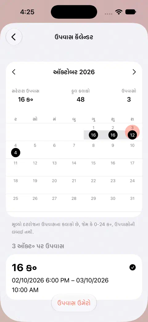 દેખાતા મહિનાના ઉપવાસના કૅલેન્ડરમાં પસંદ કરેલો દિવસ અને નીચે તેનો પૂર્ણ ઉપવાસ.