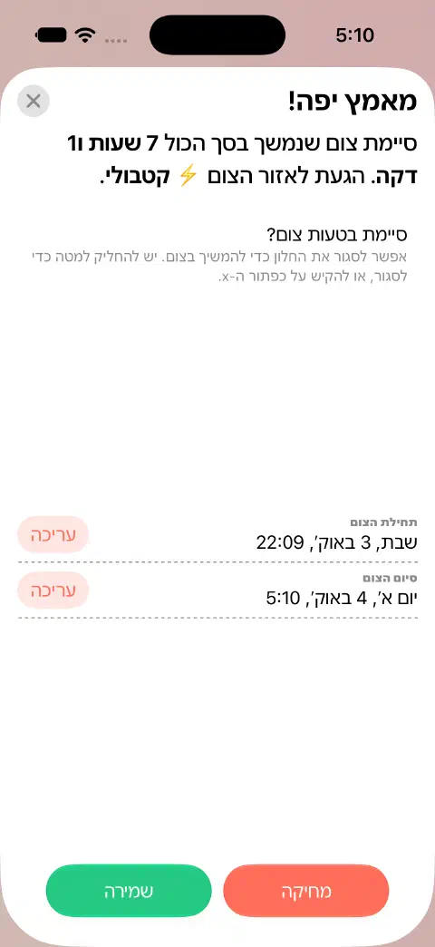 רשומת צום שהסתיים ומוכנה לשמירה עם כפתורי עריכה נפרדים לתחילת הצום ולסיומו.