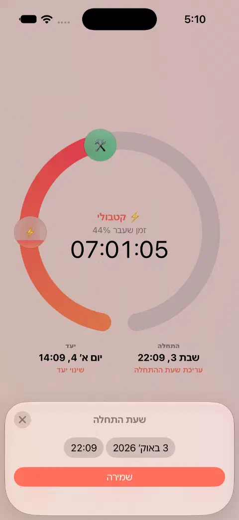 טיימר צום פעיל עם עורך שעת ההתחלה, פקד תאריך ושעה וכפתור שמירה.