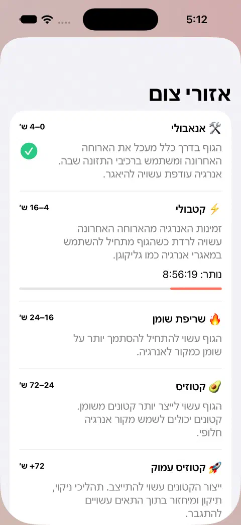 חלונית אזורי צום עם שמות האזורים, טווחי זמן משוערים, הסברים וסרגל התקדמות של הזמן שנותר באזור הנוכחי.