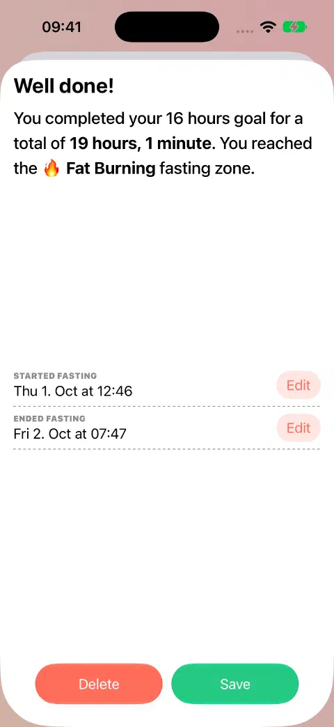 A completed-fast entry ready to save, with separate Edit buttons for Started fasting and Ended fasting.
