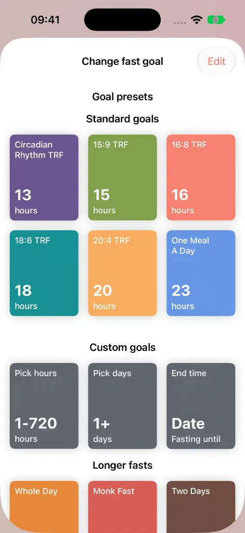 Change fast goal with standard durations, Pick hours, Pick days and End time controls.