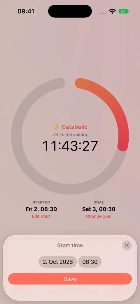 Active fasting timer with its Start time editor, date and time control, and Save button.