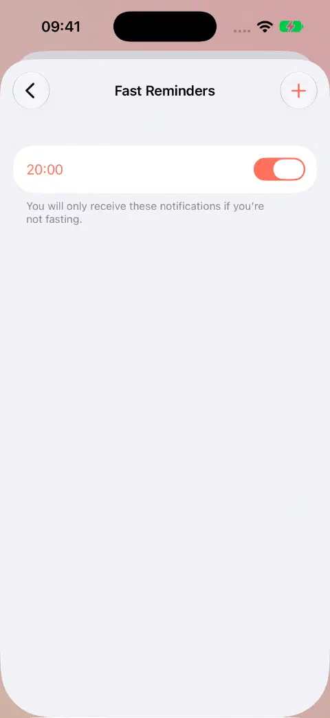 Fast Reminders showing an enabled 20:00 daily reminder and the explanation that it only notifies when you are not fasting.