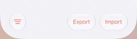 Bottom toolbar of the fasting history, with the three-line Filter button on the left and Export and Import on the right.