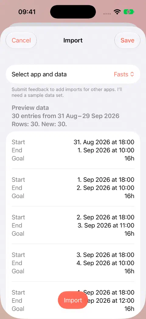Fasty CSV import preview showing 30 rows, 30 new entries and the first records' start, end and goal values before saving.