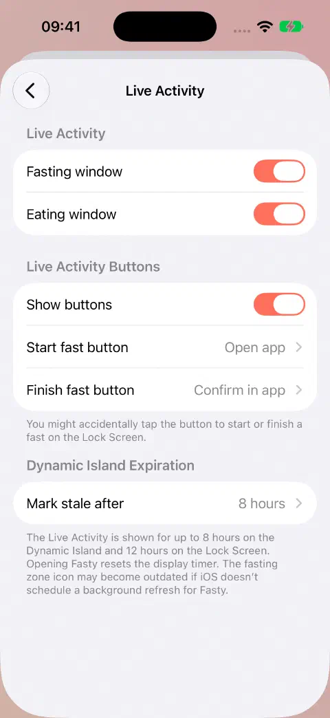 Live Activity settings with separate fasting and eating switches, button behavior choices, and Dynamic Island expiration settings.