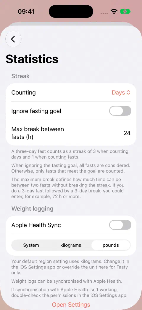 Statistics settings showing Apple Health Sync off and pounds selected instead of System or kilograms.
