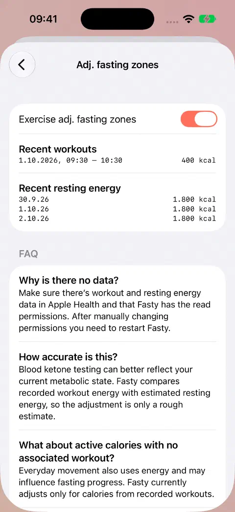 Adjusted fasting zones enabled, with a demonstration 400 kcal workout and recent resting-energy values listed underneath.
