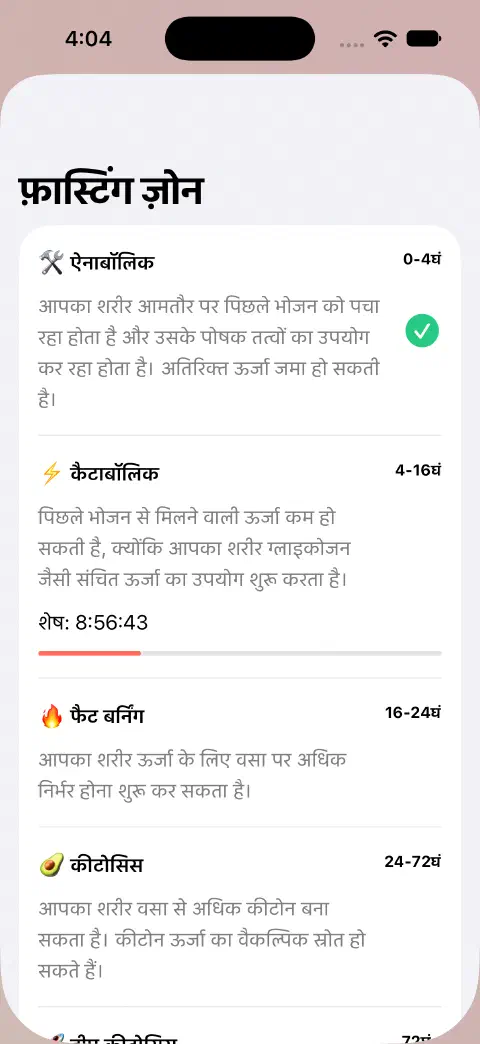 फ़ास्टिंग ज़ोन की शीट में नाम, अनुमानित समय की सीमाएँ, स्पष्टीकरण और वर्तमान ज़ोन के बाकी समय की प्रगति बार है।