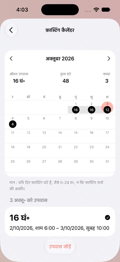 दिखाए महीने का फ़ास्टिंग कैलेंडर, चुने दिन और नीचे पूरे हो चुके फ़ास्ट के साथ।