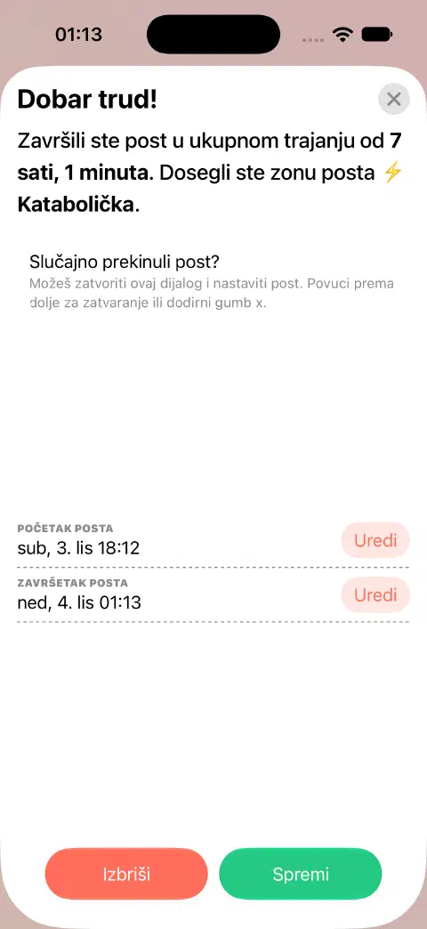 Unos završenog posta spreman za spremanje, s odvojenim tipkama za uređivanje početka i završetka posta.