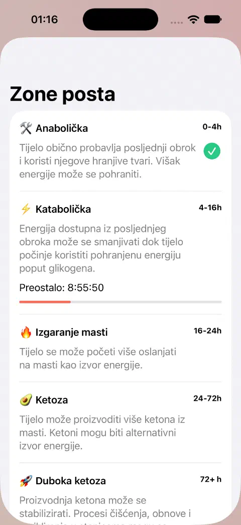 Panel zona posta s nazivima zona, procijenjenim vremenskim rasponima, objašnjenjima i trakom napretka preostalog vremena trenutačne zone.