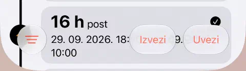 Donja alatna traka povijesti postova s tipkom filtra s tri crte lijevo te izvozom i uvozom desno.