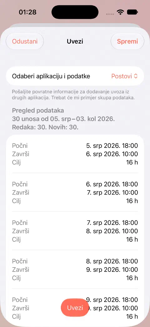 Pretpregled uvoza CSV-a Fastyja s 30 redaka, 30 novih unosa i vrijednostima početka, završetka i cilja prvih zapisa prije spremanja.