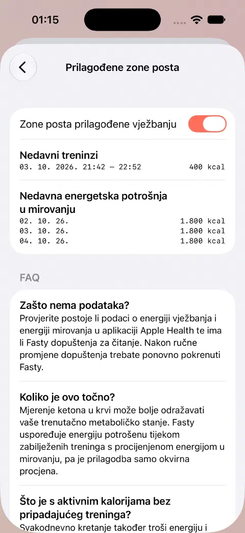 Uključene prilagođene zone posta s oglednim treningom od 400 kcal i nedavnim vrijednostima energije mirovanja navedenima ispod.