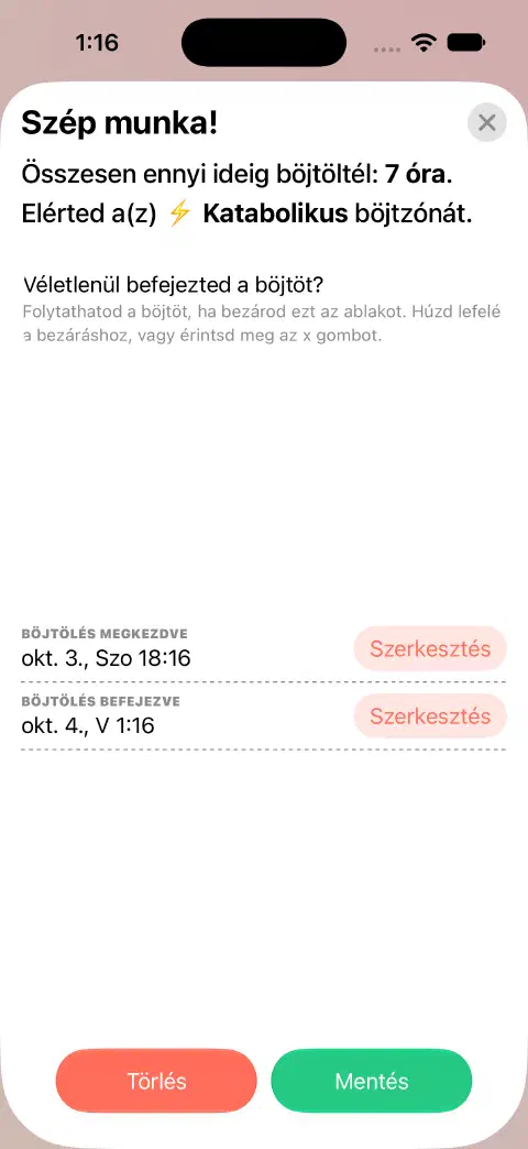 Mentésre kész befejezett böjt bejegyzése, külön szerkesztési gombokkal a böjt kezdése és befejezése mellett.