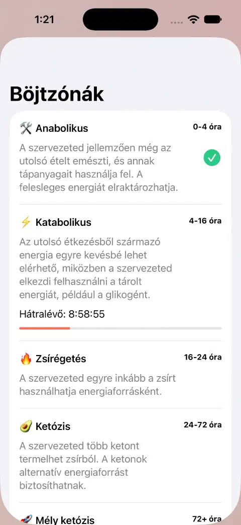 Böjtzónák panel zónanevekkel, becsült időtartományokkal, magyarázatokkal és az aktuális zóna hátralévő idejét mutató haladásjelzővel.
