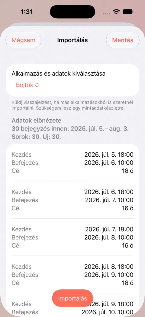 Fasty CSV-importelőnézet 30 sorral, 30 új bejegyzéssel és az első bejegyzések kezdési, befejezési és célértékeivel mentés előtt.