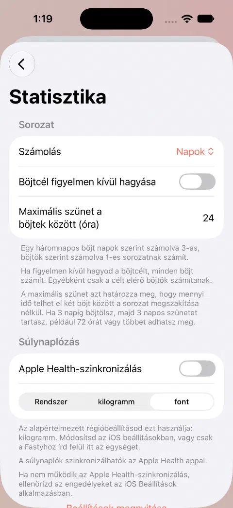 A statisztikák beállításaiban az Apple Egészség szinkronizálása ki van kapcsolva, és a rendszer vagy a kilogramm helyett font van kiválasztva.