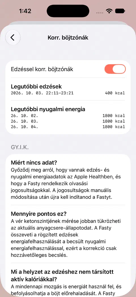Az igazított böjtzónák bekapcsolva, alatta egy bemutató 400 kcal-os edzéssel és a legutóbbi nyugalmi energiaértékekkel.