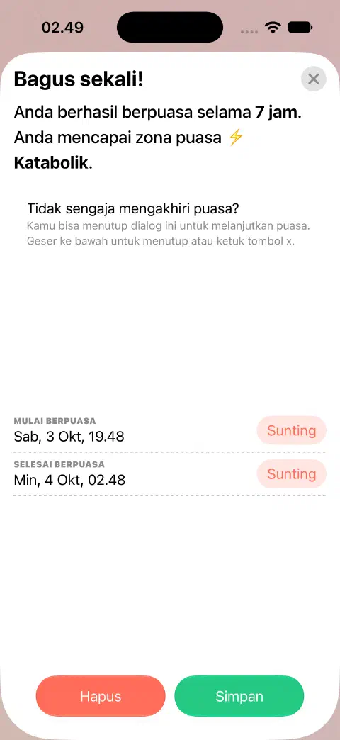 Entri puasa yang sudah selesai dan siap disimpan, dengan tombol Sunting terpisah untuk Mulai berpuasa dan Selesai berpuasa.