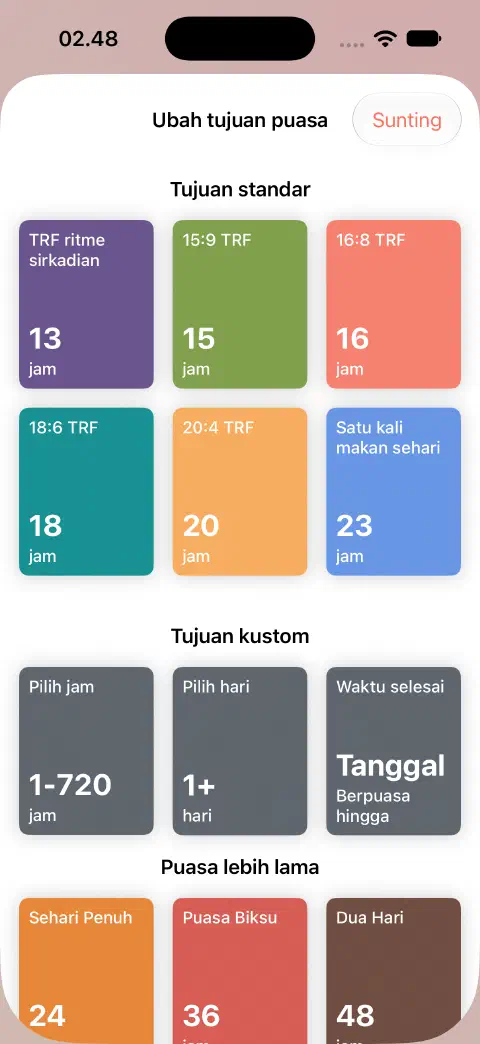 Ubah tujuan puasa dengan durasi standar serta kontrol Pilih jam, Pilih hari, dan Waktu selesai.