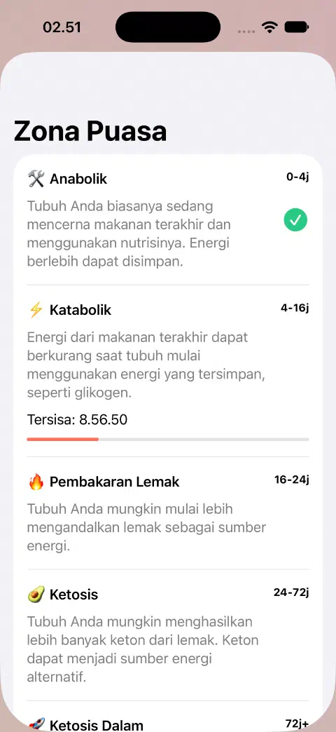 Lembar Zona Puasa dengan nama zona, perkiraan rentang waktu, penjelasan, dan bar kemajuan waktu tersisa zona saat ini.