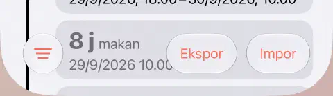 Bar alat bawah riwayat puasa dengan tombol Filter bergaris tiga di kiri serta Ekspor dan Impor di kanan.